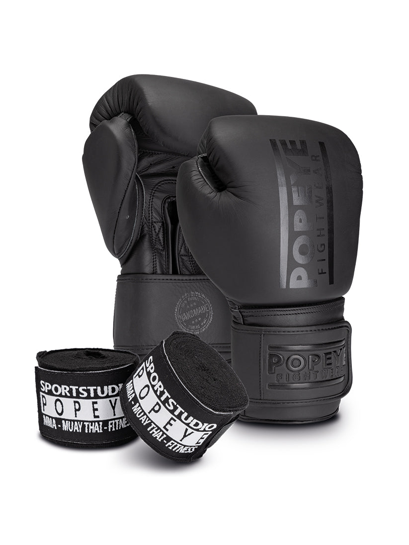 Starterpaket: Boxhandschuhe (black) aus echtem Leder + Bandagen