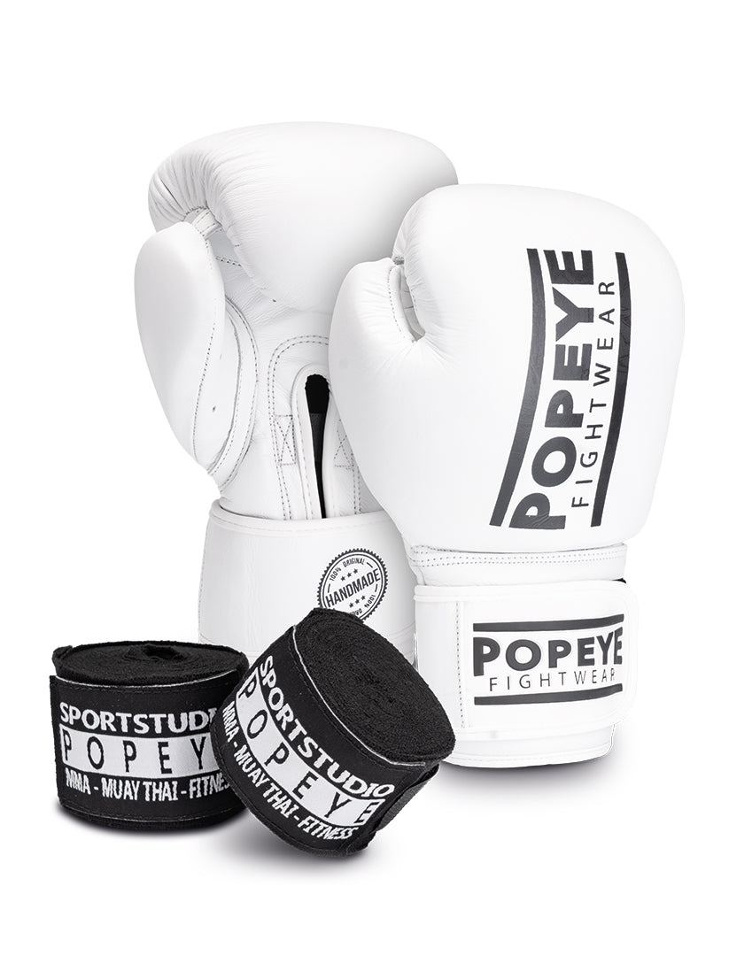 Starterpaket: Boxhandschuhe (white) aus echtem Leder + Bandagen